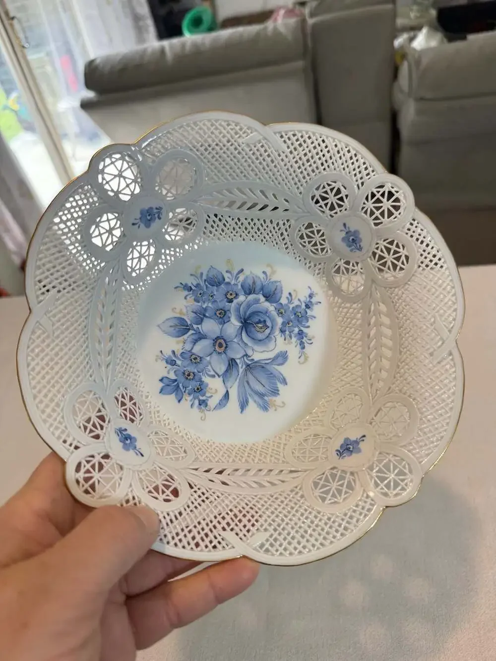Moga Romania Hand Painted Reticulated Porcelain Floral Bowl